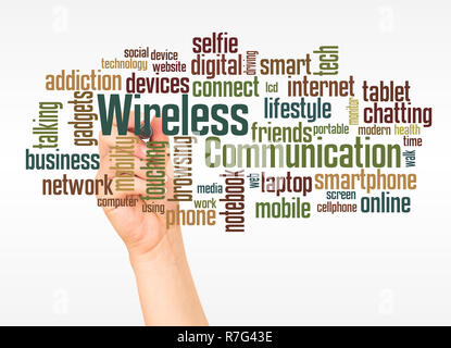 Wireless Communication word cloud and hand with marker concept on white background. Stock Photo