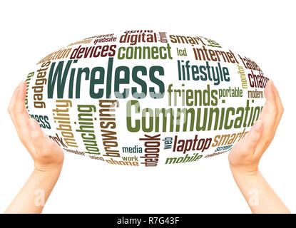 Wireless Communication word cloud hand sphere concept on white background. Stock Photo