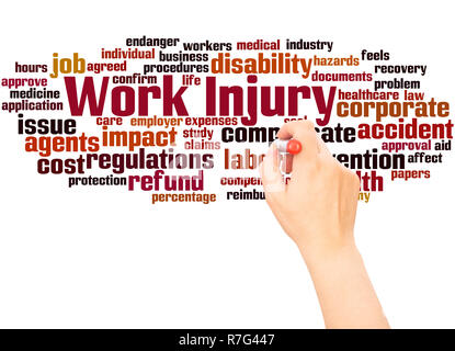 Work Injury word cloud hand writing concept on white background. Stock Photo