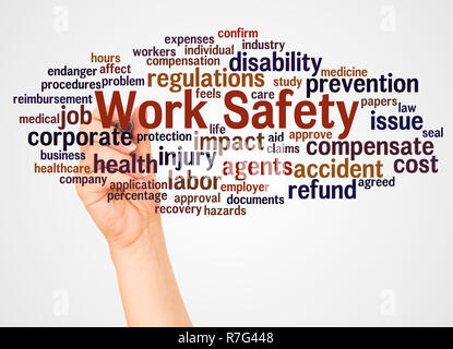 Work Safety word cloud and hand with marker concept on white background. Stock Photo