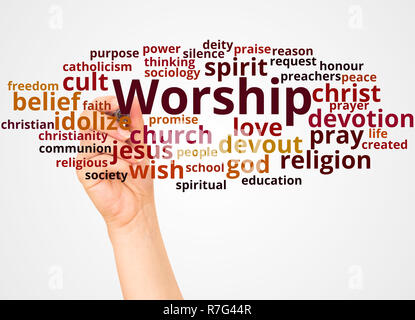 Worship word cloud and hand with marker concept on white background. Stock Photo