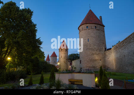 Majestic medieval wall and towers on the old town. Tallinn, Estonia. Summer evening time. Stock Photo