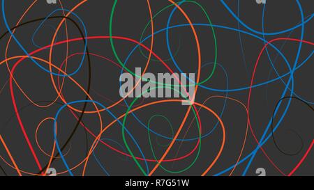 Abstraction from multi-colored thin lines. Abstract illustration on dark background. Stock Vector