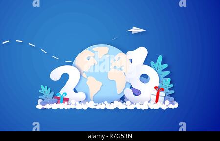 2019 New Year design card with numbers and globe Earth on blue background. Vector illustration. Paper cut and craft style. Stock Vector