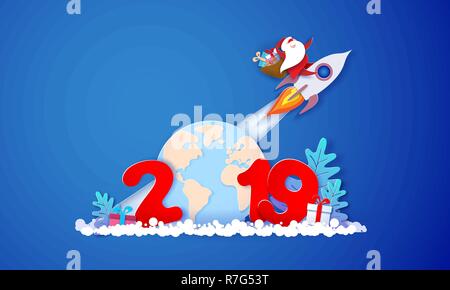 Modern paper circle banner with Santa Claus on rocket, numbers of year and globe Earth. Happy New Year 2019 card. Origami Label template. Vector illustration. Paper cut and craft style. Stock Vector