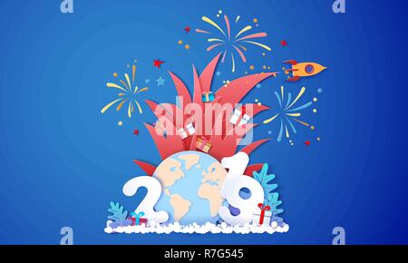New year advertising design. Santa Claus with gift box and fireworks over big letters 2019 and globe Earth on blue background. Vector paper cut art illustration for banners, headers, posters, stickers Stock Vector