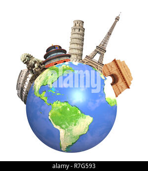 Famous monuments of the world grouped together on Earth. Isolated on white background. Elements of this image furnished by NASA. Stock Photo