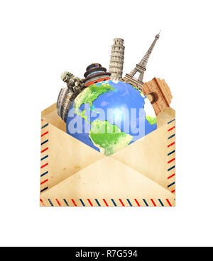 Famous monuments of the world grouped together on Earth in old envelope. Isolated on white background. Elements of this image furnished by NASA. Stock Photo