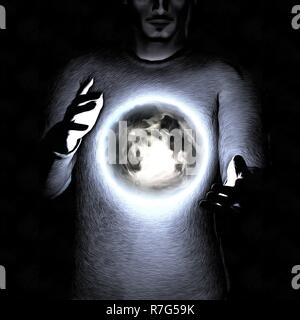 Surreal painting. Man holds planet Earth between hands. Stock Photo
