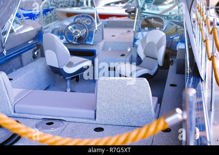 The cabin of the boat with an easy chair. Boat cabin with all navigation equipment Stock Photo