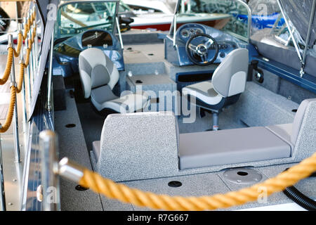 The cabin of the boat with an easy chair. Boat cabin with all navigation equipment Stock Photo