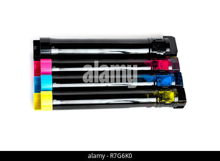 Toner cartridge set for color laser printer. Equipment for printingon white background. Stock Photo