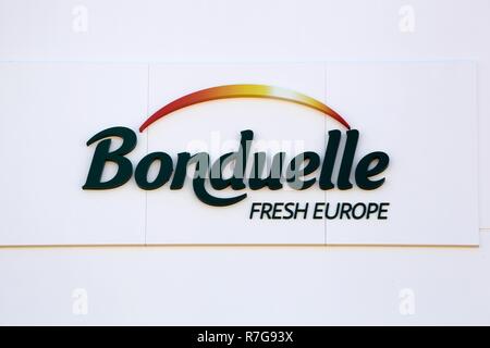Saint Priest, France - September 8, 2018: Bonduelle fresh Europe logo on a wall. Bonduelle is a French company producing processed vegetables Stock Photo