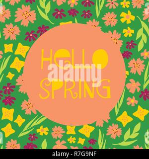 Hello Spring illustrated feminine vector banner collage style with text, colorful various flowers. Yellow pink green background for seasonal greeting card design, women, girl, web post, Easter, decor Stock Vector
