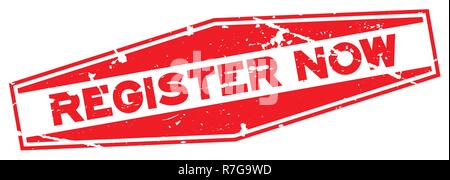 Grunge red register now word hexagon rubber seal stamp on white background Stock Vector