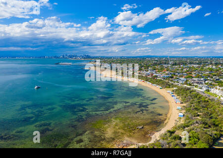 Aerial view of Brighton Bathing Boxes and Melbourne CBD