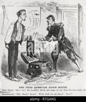 The food question down south -  Editorial cartoon shows Jefferson Davis, president of the Confederate states, offering a new pair of boots to General Beauregard who, though barefoot, would rather have food for his troops. 1863 Stock Photo