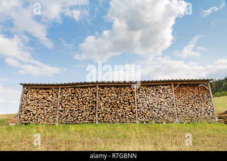 Shelter in Germany with many felled tree trunks for the stove Stock Photo