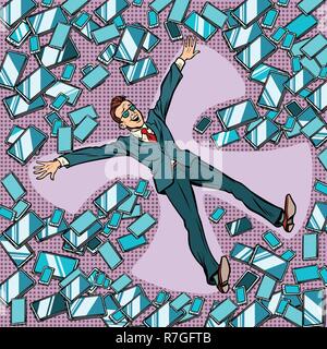 Businessman man makes snow angel in gadgets, phones and tablets. Comic cartoon pop art retro vector illustration drawing Stock Vector