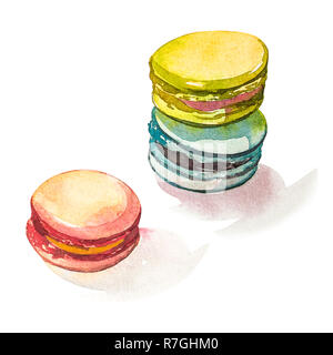Watercolor illustration of hand painted colorful macarons Stock Photo