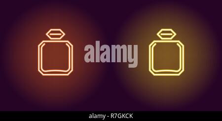 Neon perfume bottle, glowing icon. Vector illustration of perfume flacon with backlight in neon style, orange and yellow colors. Glowing sign and fash Stock Vector