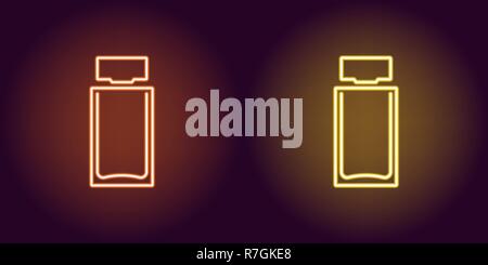 Neon perfume bottle, glowing icon. Vector illustration of perfume flacon with backlight in neon style, orange and yellow colors. Glowing sign and fash Stock Vector