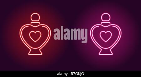 Neon perfume bottle, glowing icon. Vector illustration of perfume flacon with heart and backlight in neon style, red and pink colors. Glowing sign and Stock Vector