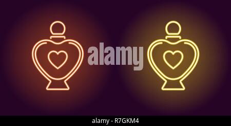 Neon perfume bottle, glowing icon. Vector illustration of perfume flacon with heart and backlight in neon style, orange and yellow colors. Glowing sig Stock Vector
