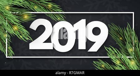 Happy New Year 2019. White paper cut numbers. Christmas tree and abstract golden lights. Festive web banner. Pattern of snowflakes. Vector illustratio Stock Vector