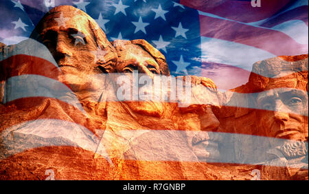 Mount Rushmore - sculpture with faces of four American Presidents on the United States flag Stock Photo