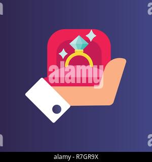 Hands holding gift box with gold wedding ring. Proposal for marriage, matchmaking and betrothal. Flat vector cartoon illustration. Stock Vector