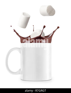 marshmallows falling into cup with hot chocolate or cocoa and creating splashes isolated on white background Stock Photo