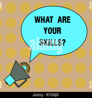 Conceptual hand writing showing What Are Your Skillsquestion. Business photo text Tell us your abilities knowledge experience Oval Outlined Speech Bub Stock Photo