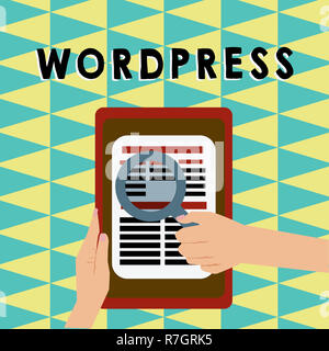Writing note showing Wordpress. Business photo showcasing free source publishing software that can installed web server Hand Hold Magnifying Glass Rea Stock Photo