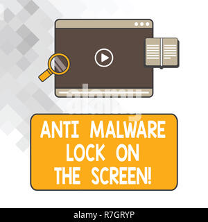 Writing note showing Anti Malware Lock On The Screen. Business photo showcasing Security safety against malware hacking Tablet Video Player Upload and Stock Photo