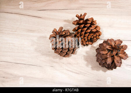 Three dried ripe opened cedar cones with seeds removed lying on light wooden board Stock Photo