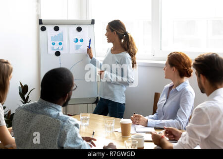 Diverse young company members listening presentations sitting in Stock Photo