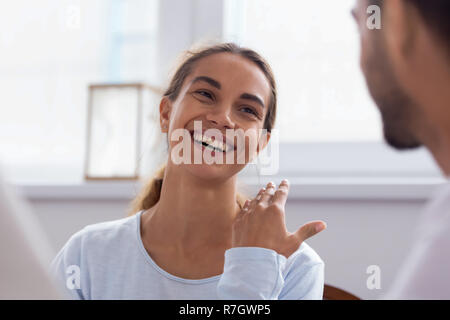 Businesspeople during interview focus on job candidate biracial  Stock Photo