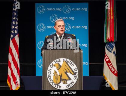 U.S. Army Chief of Staff Gen. Mark Milley delivers remarks at the Eisenhower Luncheon during the Association of the United States Army annual meeting and exposition October 4, 2016 in Washington, DC. Milley was chosen by President Donald Trump on December 8, 2018 to be the next Chairman of the Joint Chiefs. Stock Photo