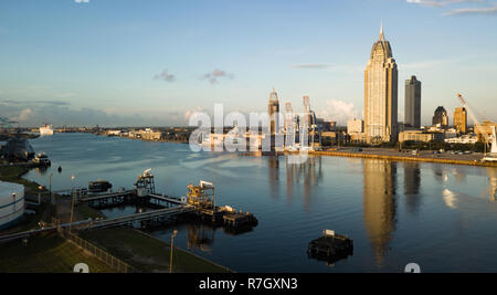 Beautiful blue skies over the downtown city center in an aerial view of Mobile Alabama Stock Photo