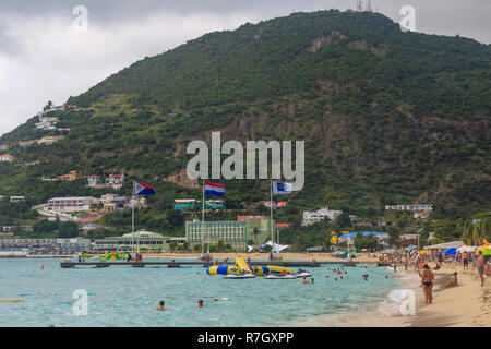 At great bay beach in Philipsburg, St Maarten - December 1, 2016 : People at beach on great bay on capital of St Marteen, Philipsburg Stock Photo