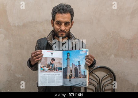 Tilemaker Proudly Showing Article In Lonely Planet, Herat Friday Mosque (Jami Masjid) or Central Blue Mosque, Herat, Herat Province, Afghanistan Stock Photo