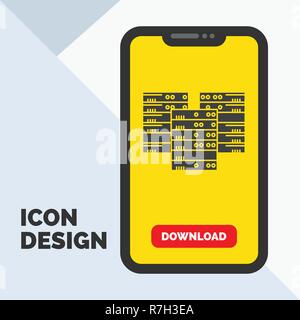 Center, centre, data, database, server Glyph Icon in Mobile for Download Page. Yellow Background Stock Vector