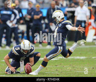 Carson, California, USA. 9th Dec 2018. Los Angeles Chargers kicker Mike Badgley #4 kicking a field goal during the Cincinnati Bengals vs Los Angeles Chargers at Stubhub Center in Carson, Ca on Carson, California, USA. 9th Dec 2018.  (Photo by Jevone Moore) Credit: Cal Sport Media/Alamy Live News Stock Photo