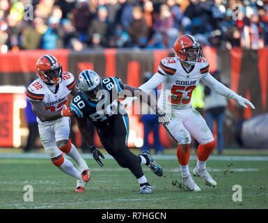 Cleveland, Ohio, USA. 9th Dec, 2018. Carolina Panthers tight end Ian Thomas  (80) tackled short of the goal line by Cleveland Browns cornerback Terrance  Mitchell (39) at the NFL football game between