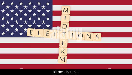 US Politics News Concept: Letter Tiles Midterm Elections On USA Flag, 3d illustration Stock Photo