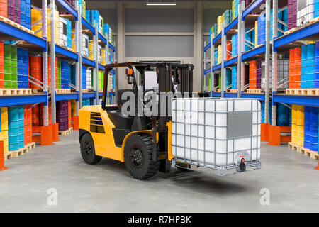 Chemical storehouse with intermediate bulk container on the forklift truck and pallet racks with chemical tanks, 3D rendering Stock Photo