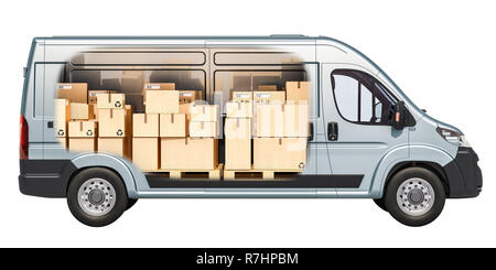 Commercial delivery van with parcels, cardboard boxes inside. Freight transportation, delivery concept. 3D rendering Stock Photo