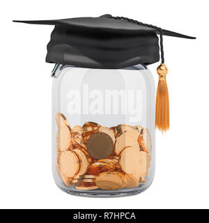 Savings money for education concept. Golden coins inside glass jar with graduation hat. 3D rendering isolated on white background Stock Photo