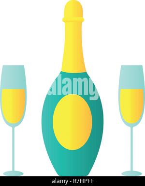 Bottle of Champagne and two glasses. Merry Christmas and Happy New Year 2019. Vector Illustration Stock Vector